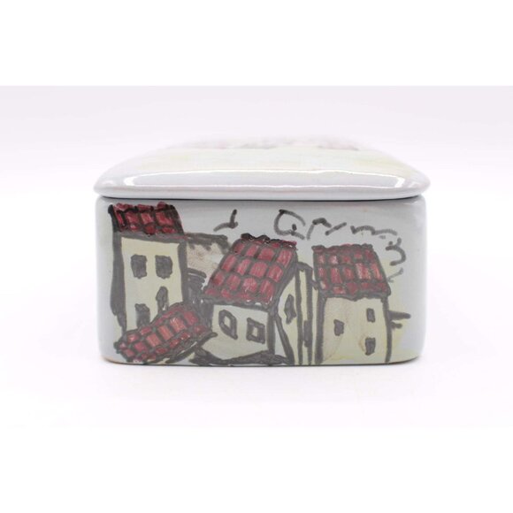 Italian Pottery Ceramic Trinket Box Village Scene Lid Gray Purple Signed Vintage - Picture 7 of 13